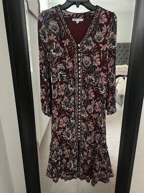DR2 Burgundy Floral Button-Down Midi Dress with Pink & Green Accents